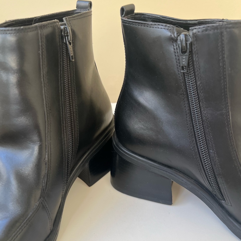 Classic Black Leather Ankle Boots - Women's Zip Booties - Picture 8 of 9
